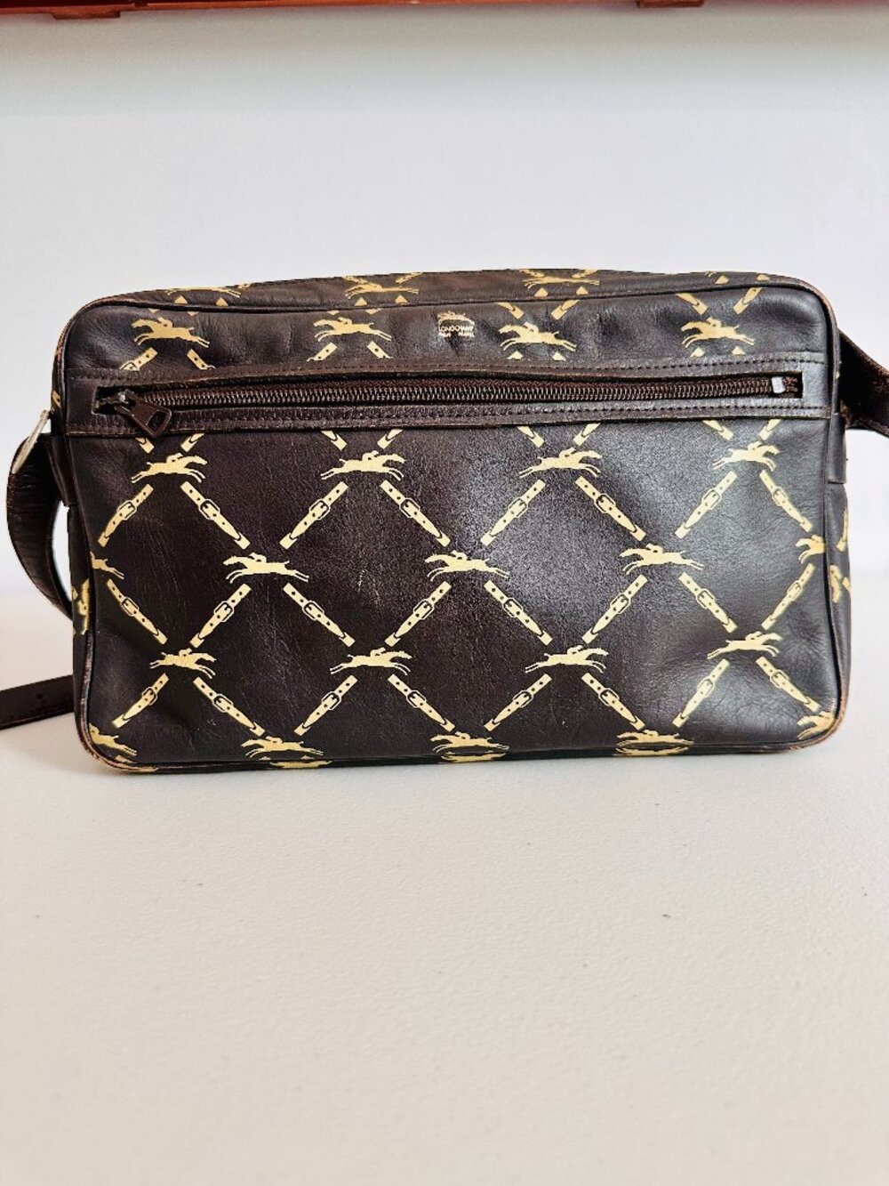 RARE LONGCHAMP ESPRESSO LEATHER SIGNATURE LOGO SHOULDER BAG